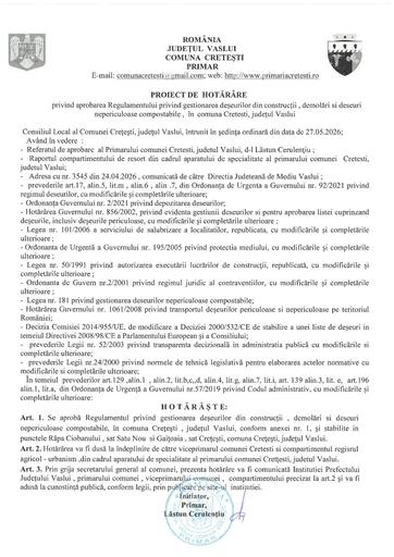 Proiect de hotarare aprobare regulament gestionare deseuri din constructii