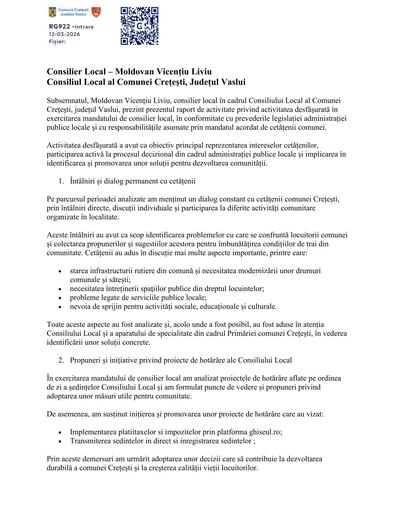 Raport de activitate Moldovan Vicențiu Liviu Consilier Local