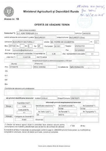 Oferta vanzare teren  Agri Terenuri