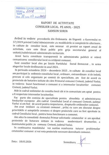 Raport activitate Consilier Local  Samson Sorin  pe anul 2025