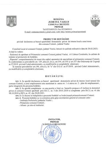 Proiect de hotarare   teren doneniu privat