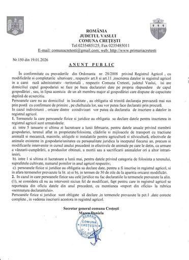 Anunt public inscrierea in registrul agricol