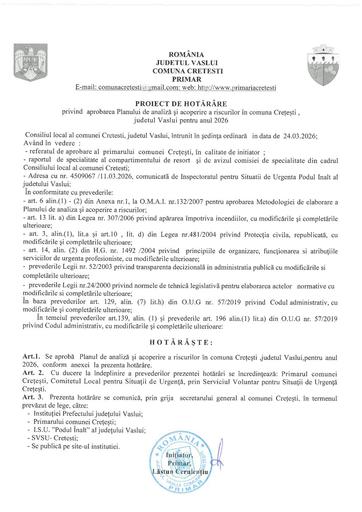 PHC  aprobare Plan analiza si acoperire a riscurilor la comuna Cretesti in  anul 2026