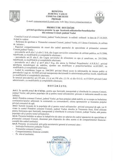 PHCL  stabilire pret la apa pentru beneficiarii din com Cretesti