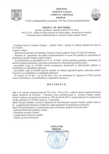 PHCL  majorare cota TVA la  construire teren multifunctional