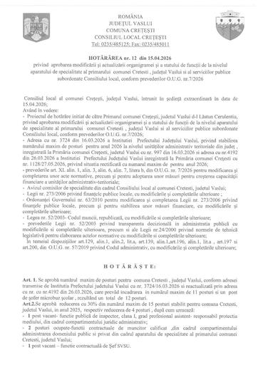 HCL nr  12 din 15 04 2026 aprobare Organigrama si stat de functii