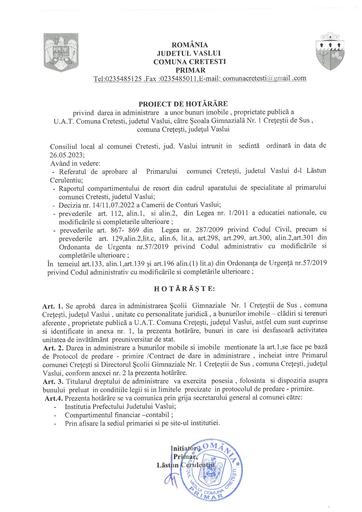 Proiect de hotarare dare in administrare bunuri la scoala