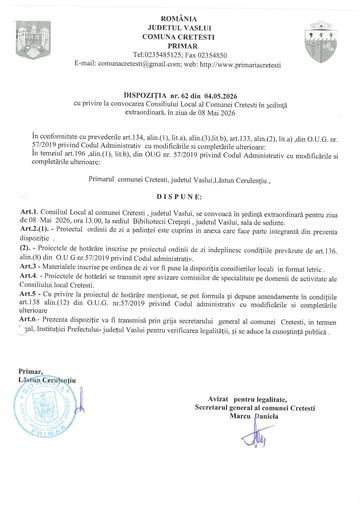 Dispozitia nr 62  din 04 05 2026 de convocare CL in sedinta extraordinara luna mai
