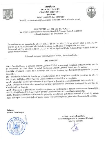 Dispozitia 302 2023  convocare Cl in sedinta ordinara octombrie